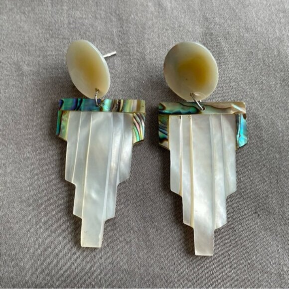 Carved Mother of Pearl and Abalone Shell Earrings - Picture 4 of 13